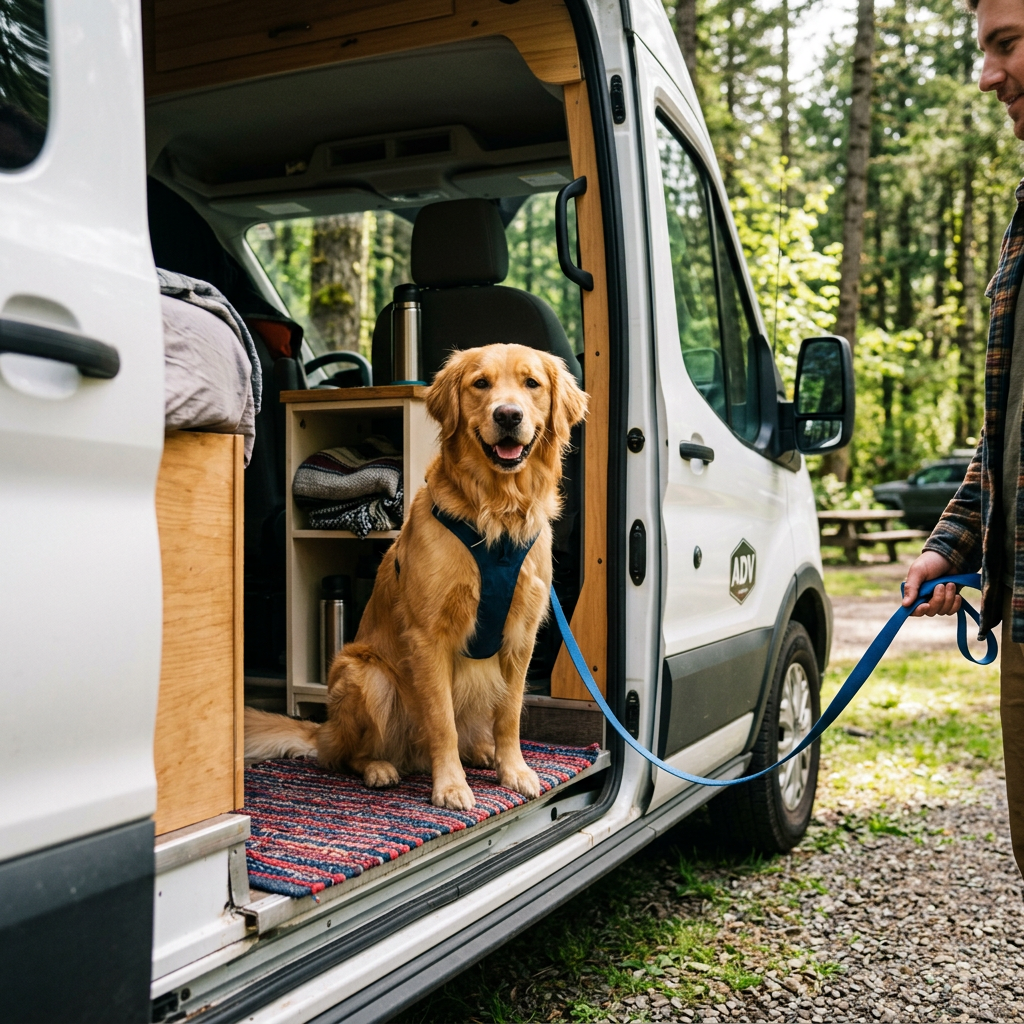 Golden retriever sitting in the doorway of a camper van with a blue leash